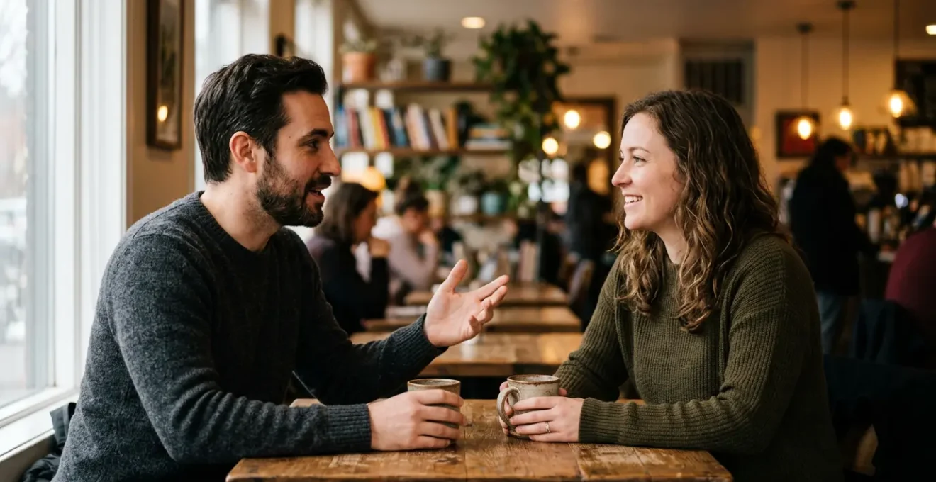 Nahaufnahme zweier Personen im Dialog, Gesichtsausdrücke zeigen echtes Engagement und Verbindung