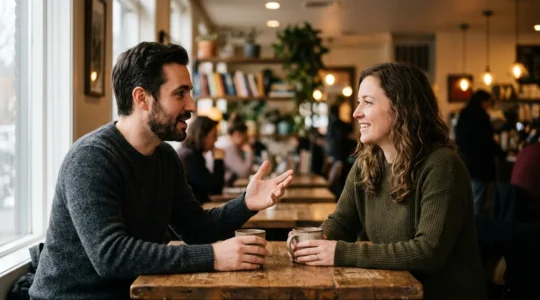 Nahaufnahme zweier Personen im Dialog, Gesichtsausdrücke zeigen echtes Engagement und Verbindung