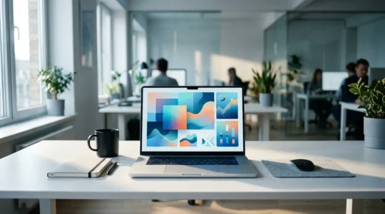Professionelles Marketinganalyse-Dashboard auf Computerbildschirm mit Echtzeit-Metriken und Diagrammen