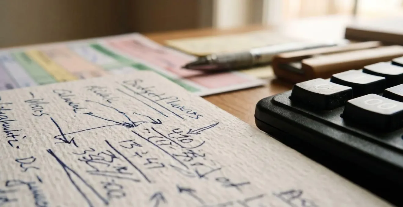 Detailaufnahme eines strukturierten Budgetplans mit Taschenrechner und handschriftlichen Notizen auf einem aufgeräumten Schreibtisch