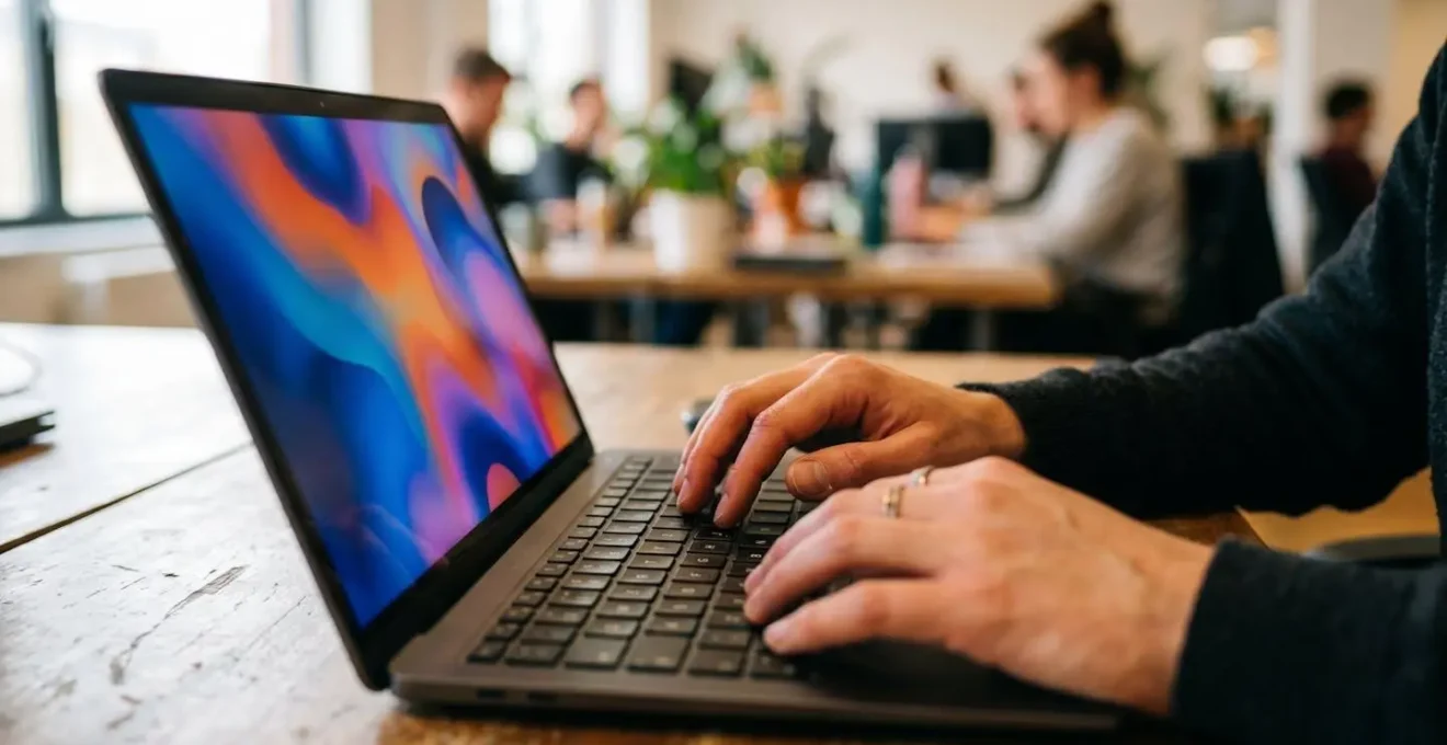 Nahaufnahme von Händen, die an einem Laptop arbeiten, auf dessen Bildschirm abstrakte Datenvisualisierungen zu sehen sind