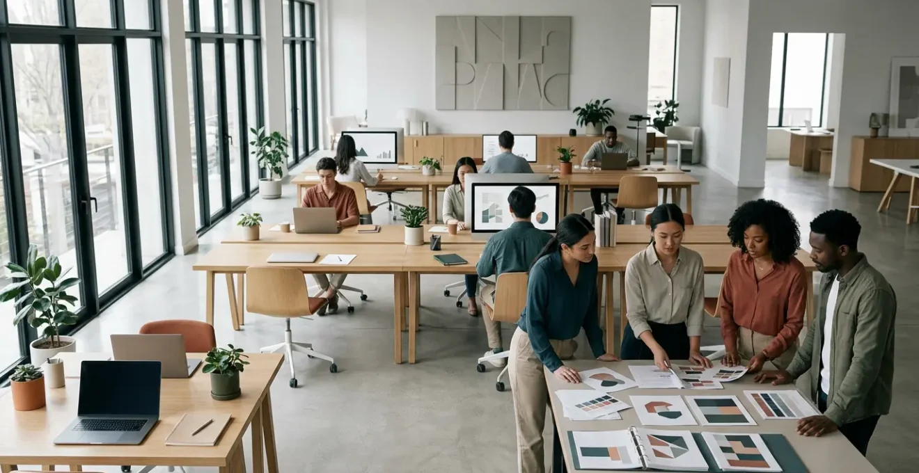 Modernes Büroumfeld mit verteilten Teams die gemeinsam an Markenrichtlinien arbeiten