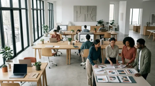 Modernes Büroumfeld mit verteilten Teams die gemeinsam an Markenrichtlinien arbeiten