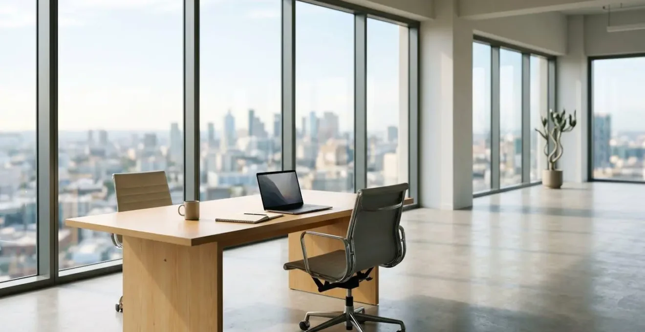 Minimalistische Weitwinkelaufnahme eines modernen Arbeitsraums mit viel Tageslicht und Raum für Expansion