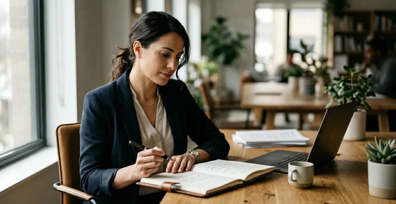 Professionelle Geschäftsperson arbeitet fokussiert an authentischem LinkedIn-Content in modernem Arbeitsumfeld
