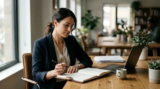 Professionelle Geschäftsperson arbeitet fokussiert an authentischem LinkedIn-Content in modernem Arbeitsumfeld