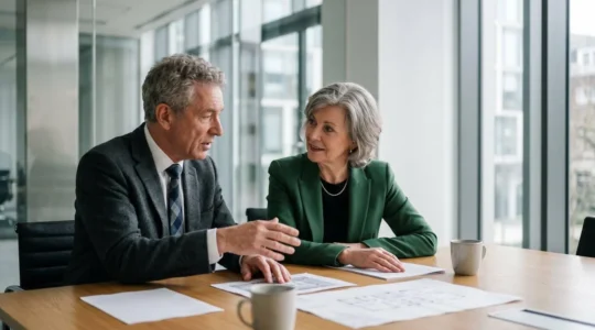 Professionelle B2B-Entscheider in technischer Kaufsituation mit Fokus auf Markenvertrauen