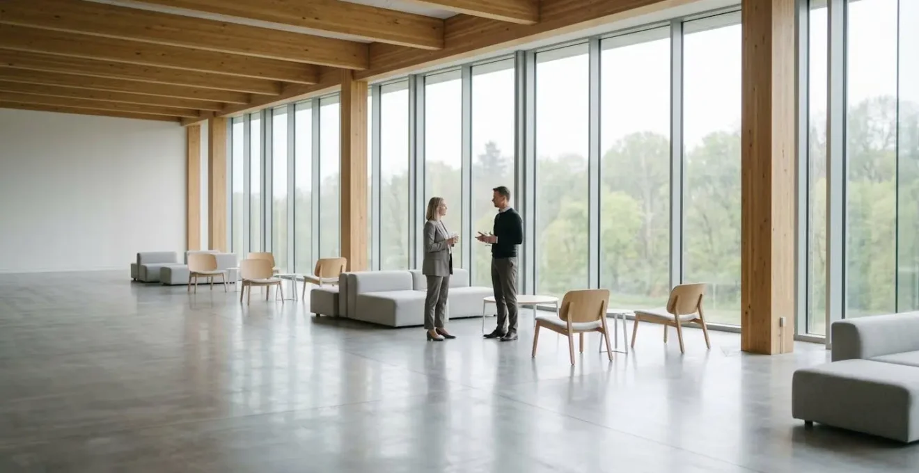 Weitwinklige minimalistische Szene mit viel Freiraum, die professionelle Distanz und respektvolles Networking symbolisiert