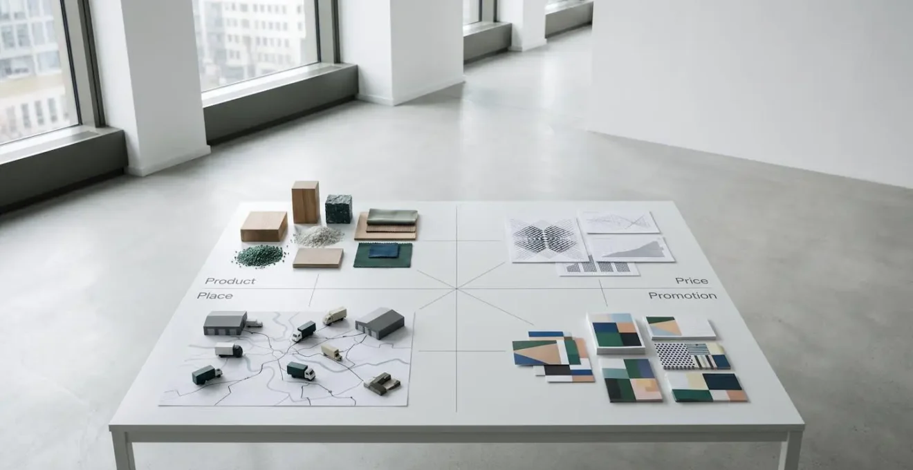 Visualisierung der vernetzten Abhaengigkeiten zwischen den vier Marketing-Mix-Elementen in einem deutschen Produktlaunch