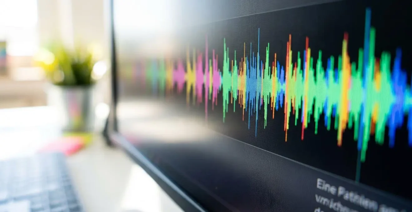 Extreme Nahaufnahme einer farbenfrohen Audio-Wellenform-Visualisierung auf einem Computerbildschirm mit unscharfem Hintergrund