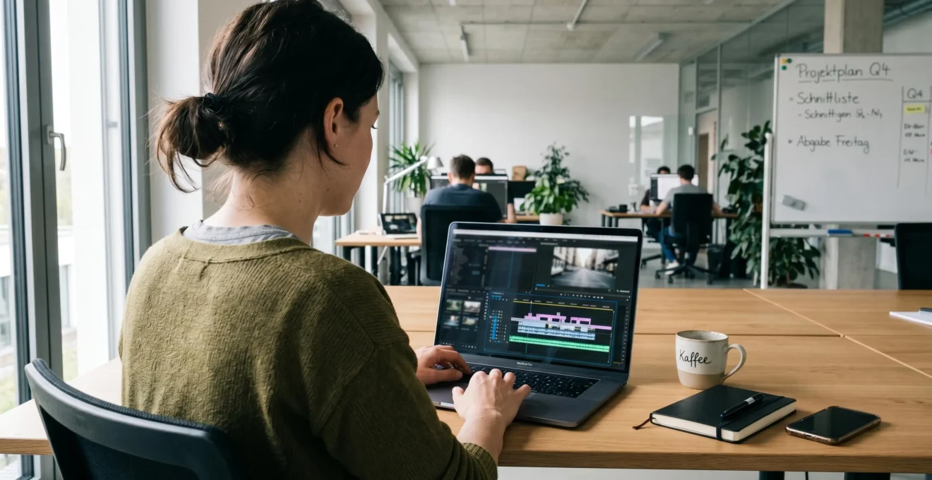Eine Frau mittleren Alters arbeitet konzentriert an ihrem Laptop in einem hellen, modernen Büro, der Bildschirm zeigt verschwommene Videobearbeitungs-Elemente