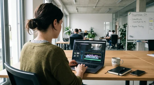 Eine Frau mittleren Alters arbeitet konzentriert an ihrem Laptop in einem hellen, modernen Büro, der Bildschirm zeigt verschwommene Videobearbeitungs-Elemente