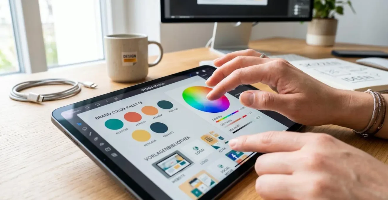 Nahaufnahme von Händen, die eine digitale Farbpalette auf einem Tablet anpassen, im Hintergrund eine unscharfe Template-Bibliothek