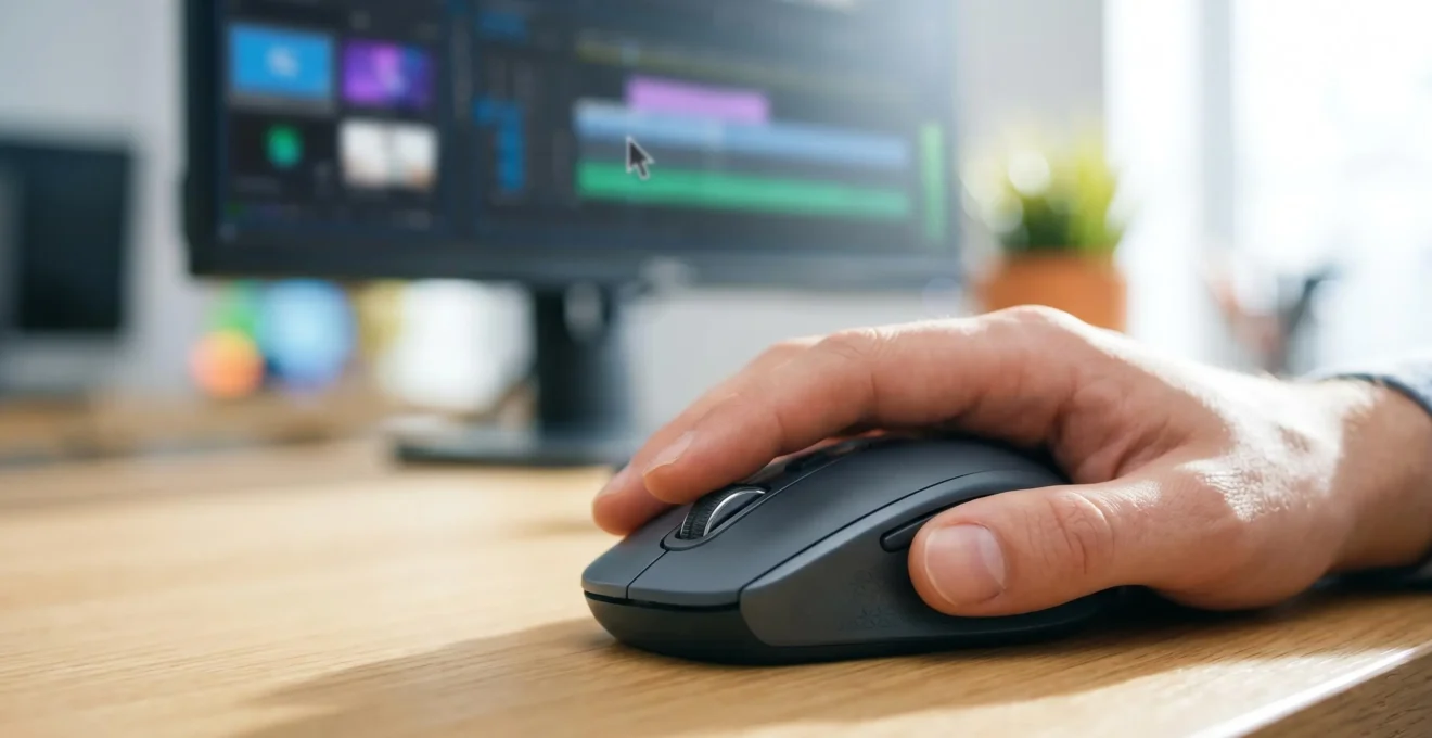 Extreme Nahaufnahme einer Hand, die eine Computermaus bewegt, der Cursor schwebt über einer unscharfen Video-Timeline mit Template-Auswahl im Hintergrund Extreme Nahaufnahme einer Hand, die eine Computermaus bewegt, der Cursor schwebt über einer unscharfen Video-Timeline mit Template-Auswahl im Hintergrund