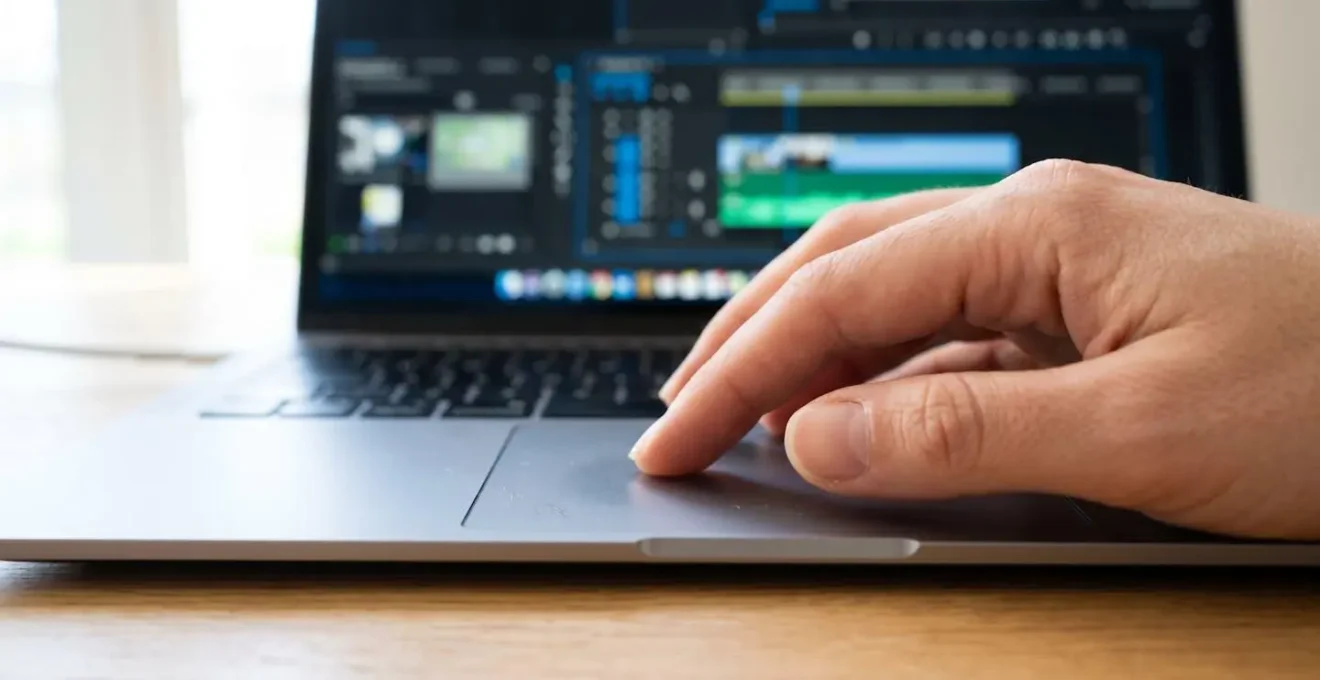 Extreme Nahaufnahme einer Hand, die ein Touchpad bedient, im unscharfen Hintergrund ist eine Video-Timeline auf einem Monitor erkennbar