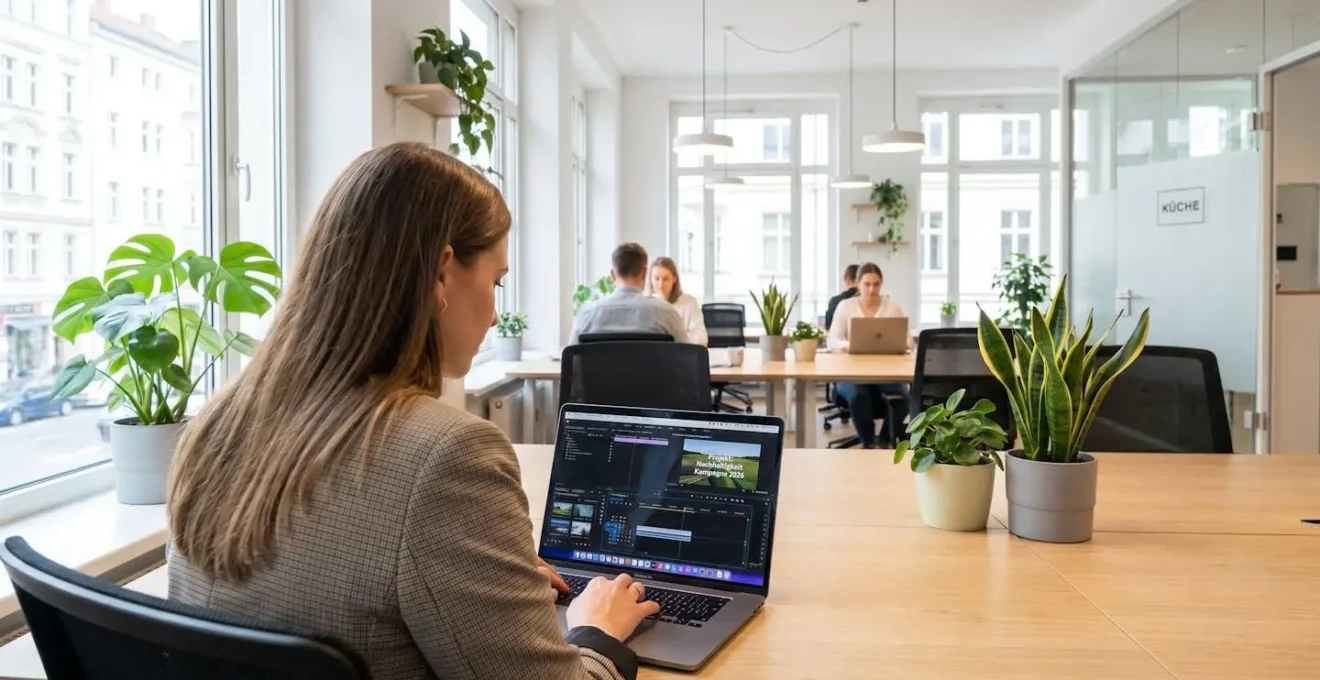 Marketing-Verantwortliche arbeitet im Profil an Video-Content an einem modernen Schreibtisch in einem deutschen Büro