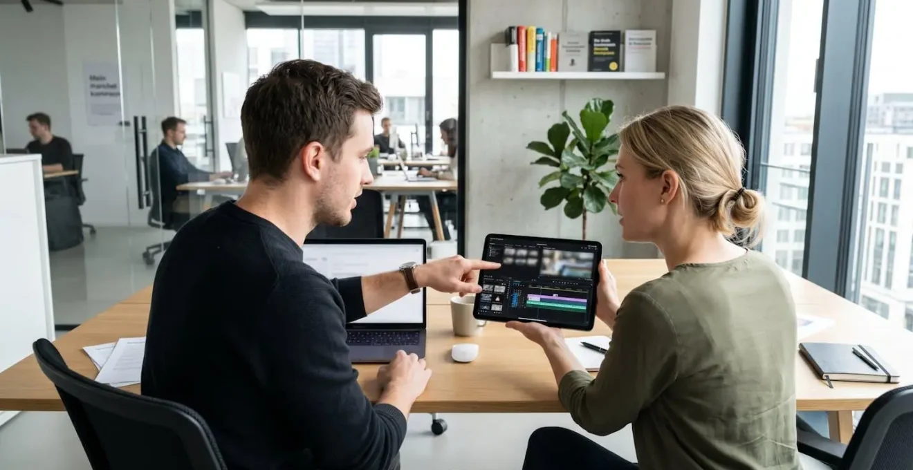 Zwei Marketing-Fachkräfte arbeiten gemeinsam an einem Schreibtisch, eine zeigt auf ein Tablet mit einer Video-Timeline