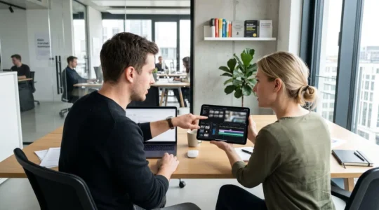 Zwei Marketing-Fachkräfte arbeiten gemeinsam an einem Schreibtisch, eine zeigt auf ein Tablet mit einer Video-Timeline