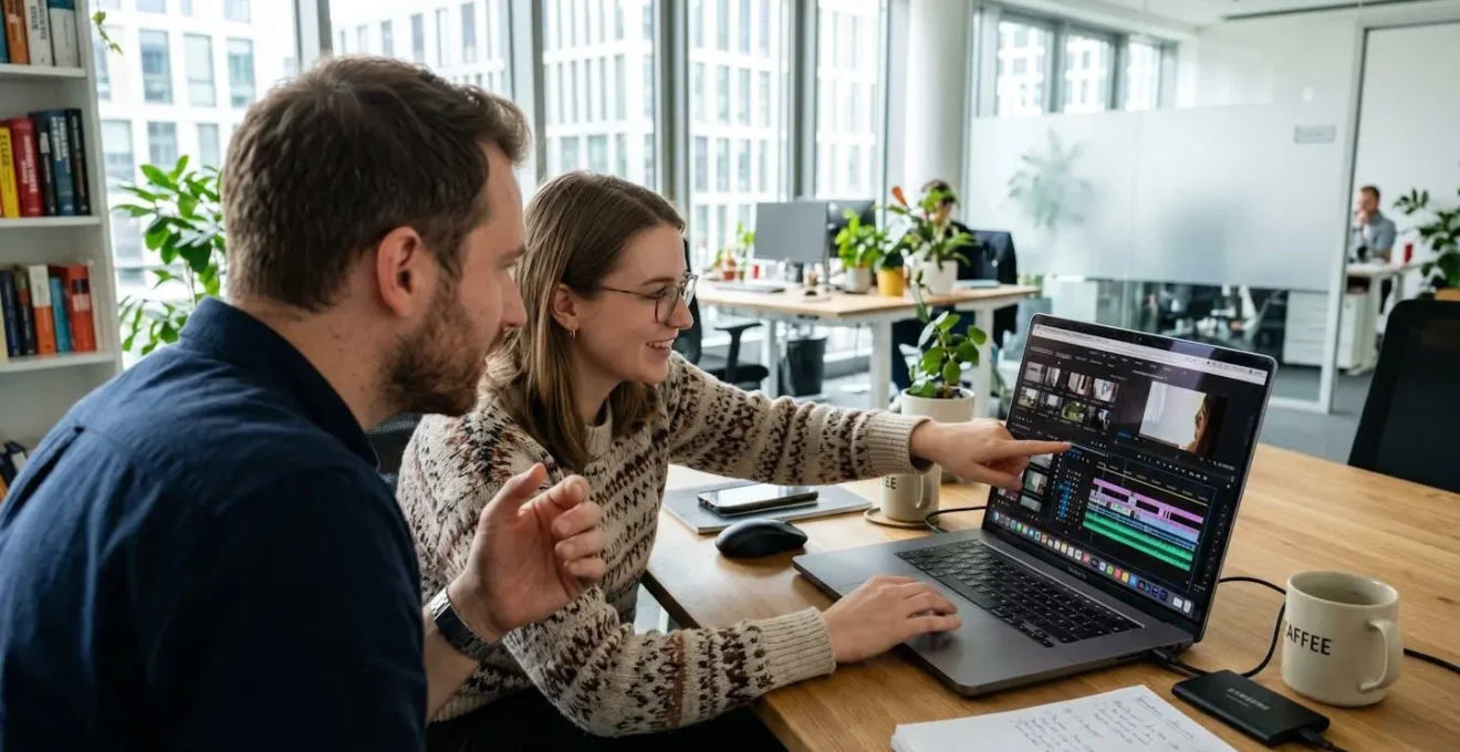 Zwei Kollegen betrachten gemeinsam eine Video-Timeline auf einem Laptop-Bildschirm in einem hellen modernen Büro