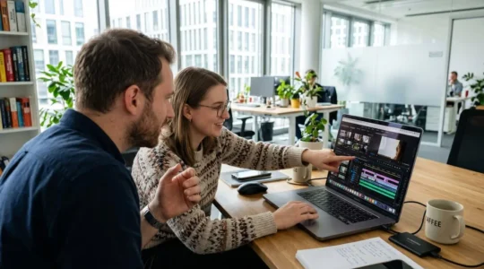 Zwei Kollegen betrachten gemeinsam eine Video-Timeline auf einem Laptop-Bildschirm in einem hellen modernen Büro