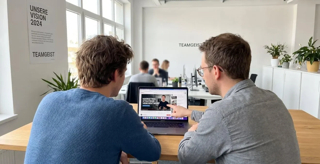 Zwei Marketing-Profis arbeiten zusammen an einem Laptop in einem hellen modernen Büro und überprüfen Videoinhalte