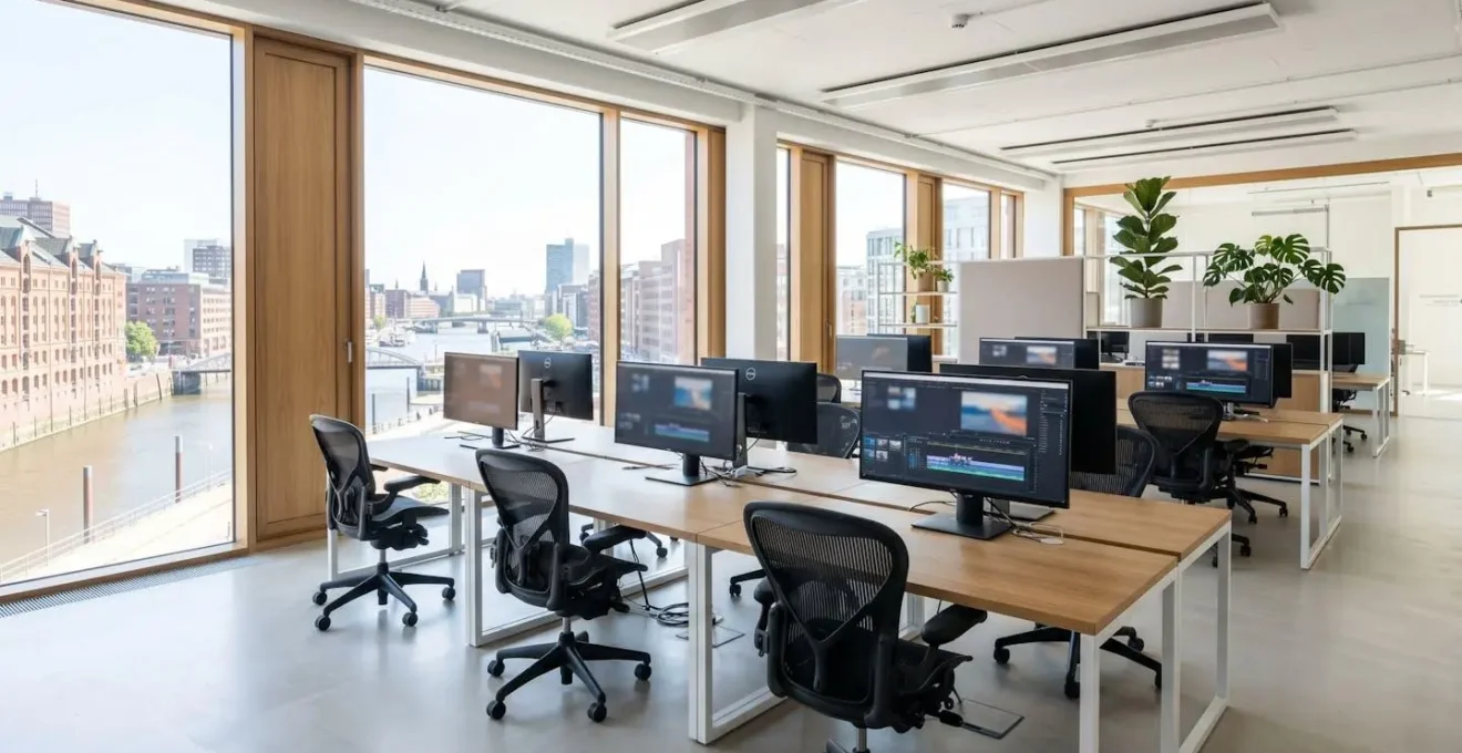 Moderner kollaborativer Arbeitsplatz mit mehreren Bildschirmen, die Video-Editing-Interfaces zeigen, leere Stühle in hellem Büro