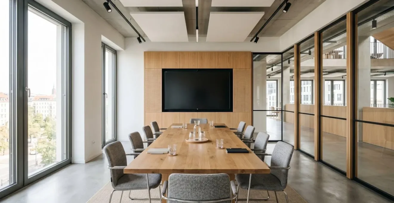 Heller moderner Co-Working-Space mit grossem Wandmonitor, leerer professioneller Meetingraum mit zeitgenössischem europäischen Design