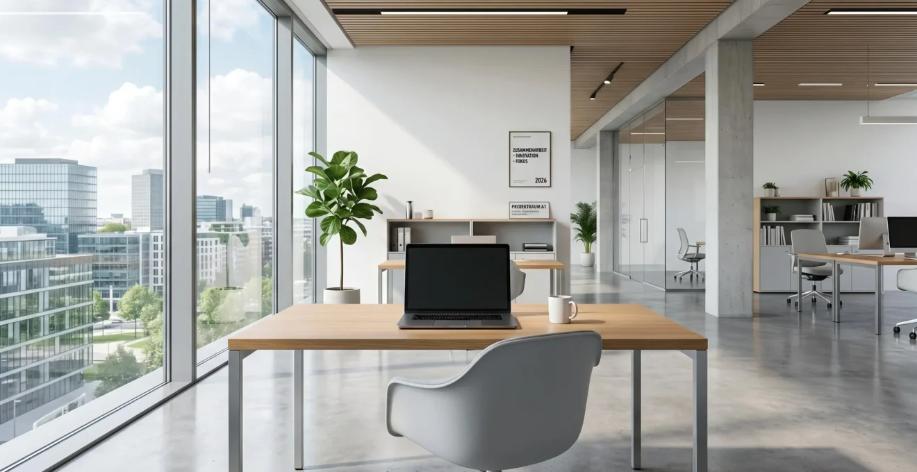 Modernes, helles Büro mit minimalistischem Schreibtisch, darauf ein aufgeklappter Laptop mit ausgeschaltetem Bildschirm, grosse Fenster mit Tageslicht, keine Personen sichtbar Modernes, helles Büro mit minimalistischem Schreibtisch, darauf ein aufgeklappter Laptop mit ausgeschaltetem Bildschirm, grosse Fenster mit Tageslicht, keine Personen sichtbar